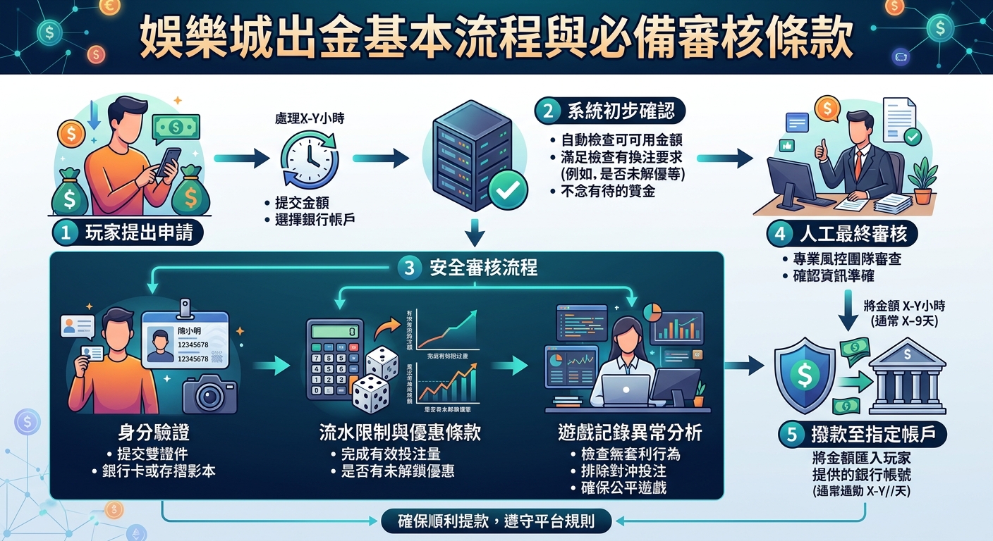 這幅插圖以簡潔現代的風格,展示了娛樂城出金的提款流程與審核步驟。 圖中包含玩家提出申請、身份驗證、流水與遊戲紀錄審查,最終順利撥款至指定帳戶。