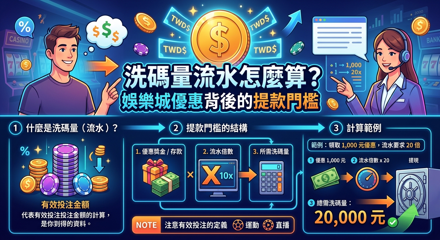 這張圖片以清晰的藍色科技風格圖解,詳細說明洗碼量與流水倍數的計算公式。 畫面整合了娛樂城優惠、有效投注與提款門檻等關鍵要素,幫助玩家迅速掌握提現條件。
