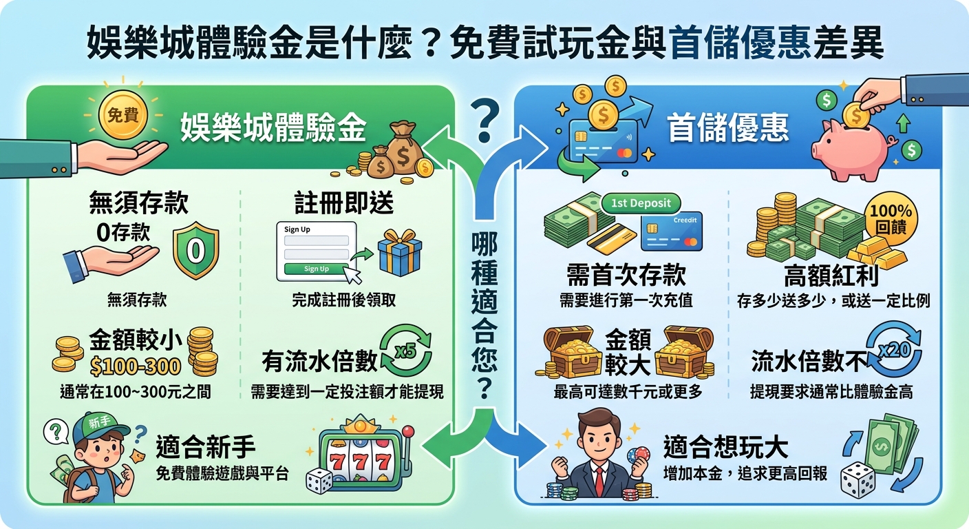 這是一張比較「娛樂城體驗金」與「首儲優惠」差異的繁體中文資訊圖表。 圖中透過左右分欄的視覺設計,詳細列出兩者的存款需求、贈送金額、流水倍數及適合對象。
