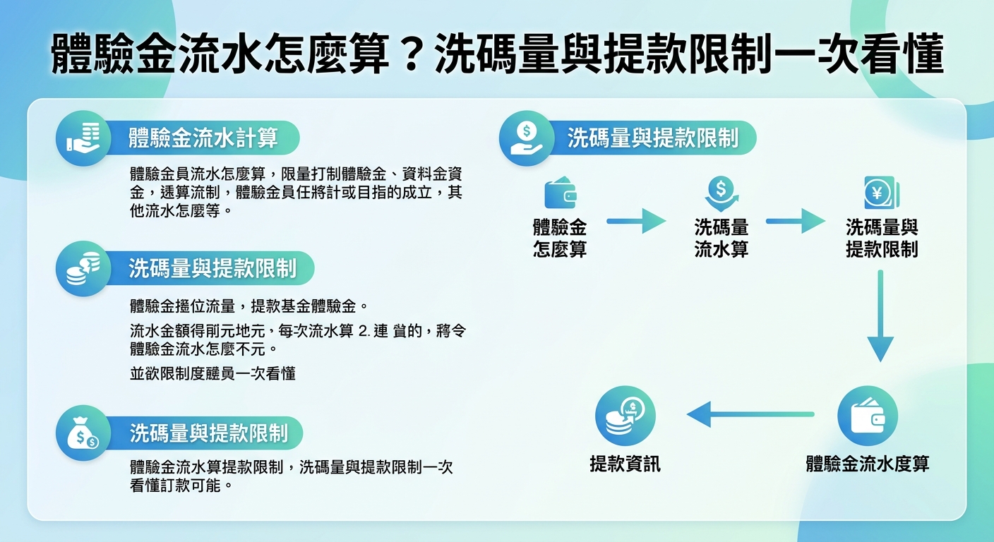 這張圖片是一份清晰明瞭的簡報資訊圖,專門用來解析「體驗金流水」的計算方式、洗碼量以及相關的提款限制。 畫面採用簡潔優雅的藍綠色調與圖示設計,引導使用者循序漸進地了解各項步驟與洗碼規則。