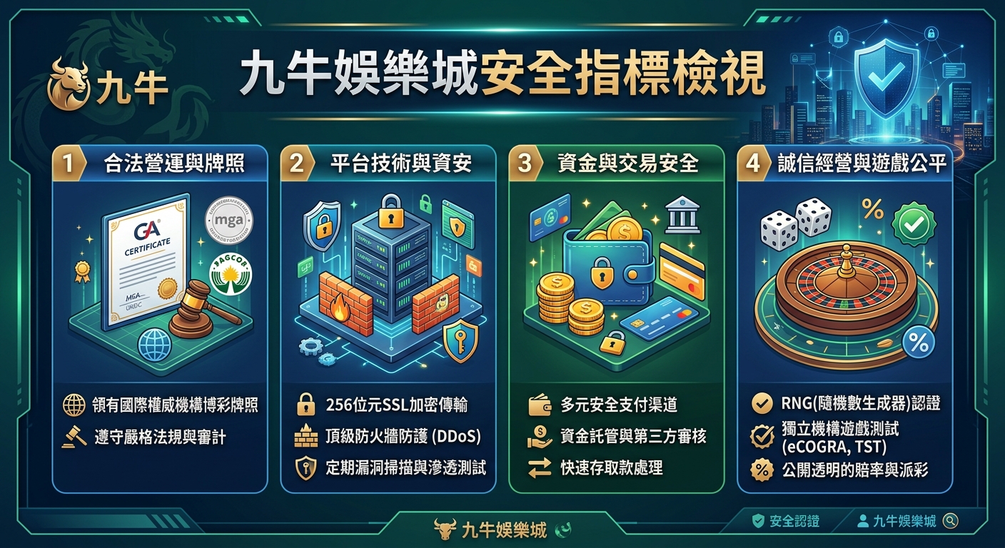 這張圖片是一份專業的網絡安全檢視圖表,以暗藍與綠色系呈現「九牛娛樂城安全指標檢視」標題。 畫面分為四大核心區塊,透過圖示與繁體中文詳細說明合法牌照、資安防護、資金交易及遊戲公平性等各項指標。