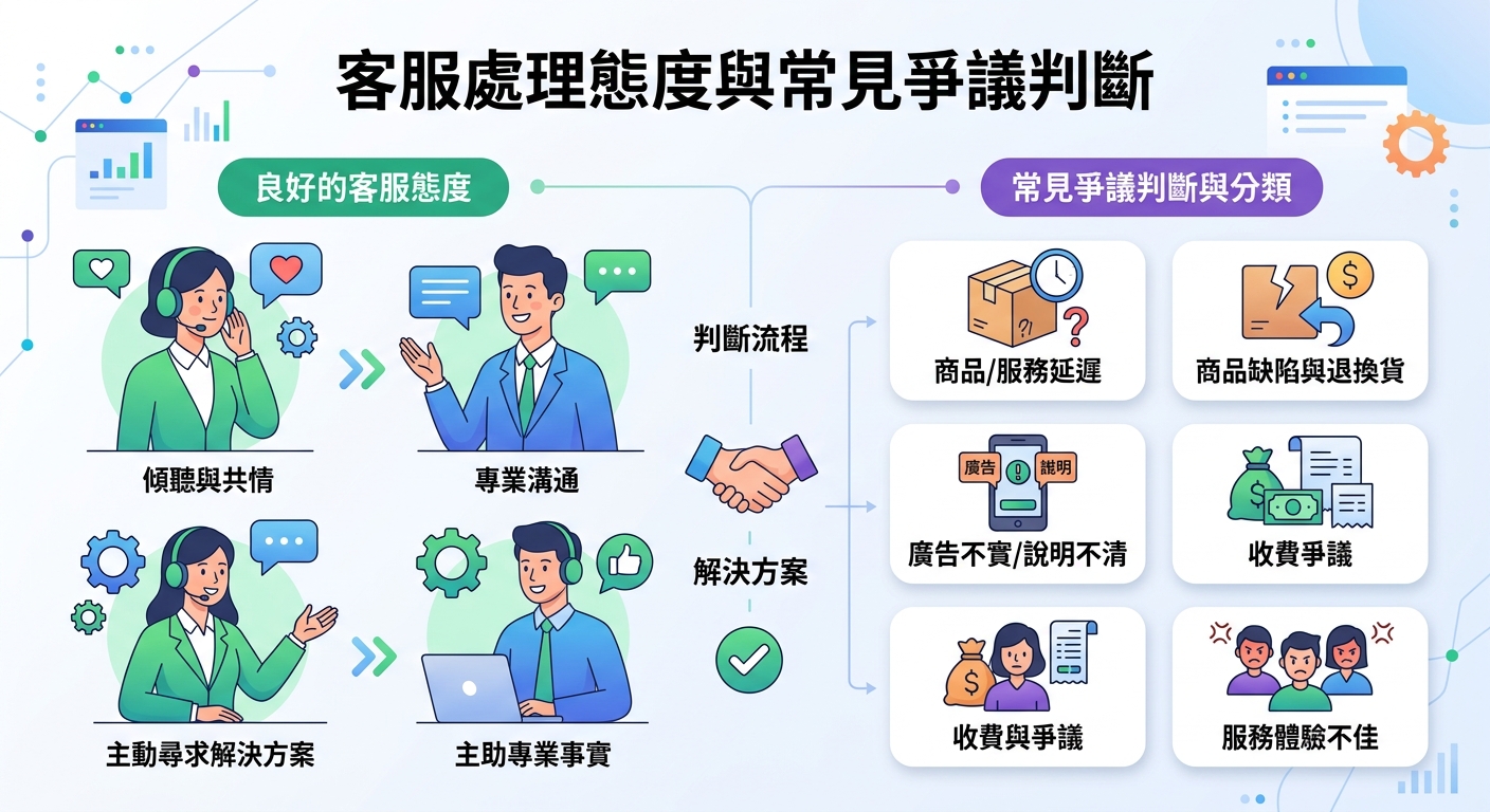 這張圖表展現了客服人員具備的專業態度,以及各類常見消費爭議的判斷與處理流程。 畫面透過豐富的圖示與流程導引,清晰呈現從傾聽溝通到解決問題的完整服務邏輯。