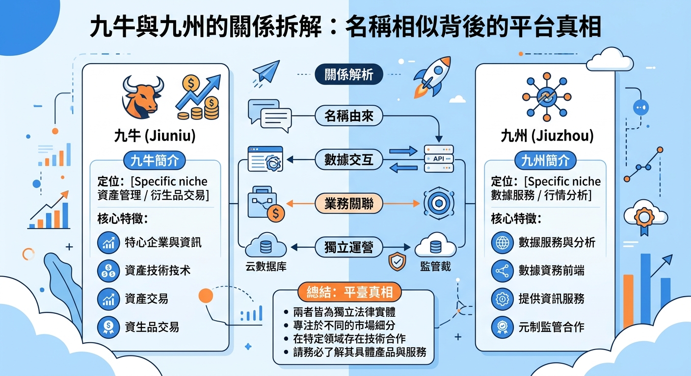 這張圖片採用現代扁平化風格的商務資訊圖表設計，以清晰的左右對比與中央關係圖呈現「九牛」與「九州」兩大平台的特色。 圖片頂部標有明確的繁體中文標題，整體配色以簡約專業的藍白色調為主，並搭配豐富的圖標與文字點陣進行結構化解析。