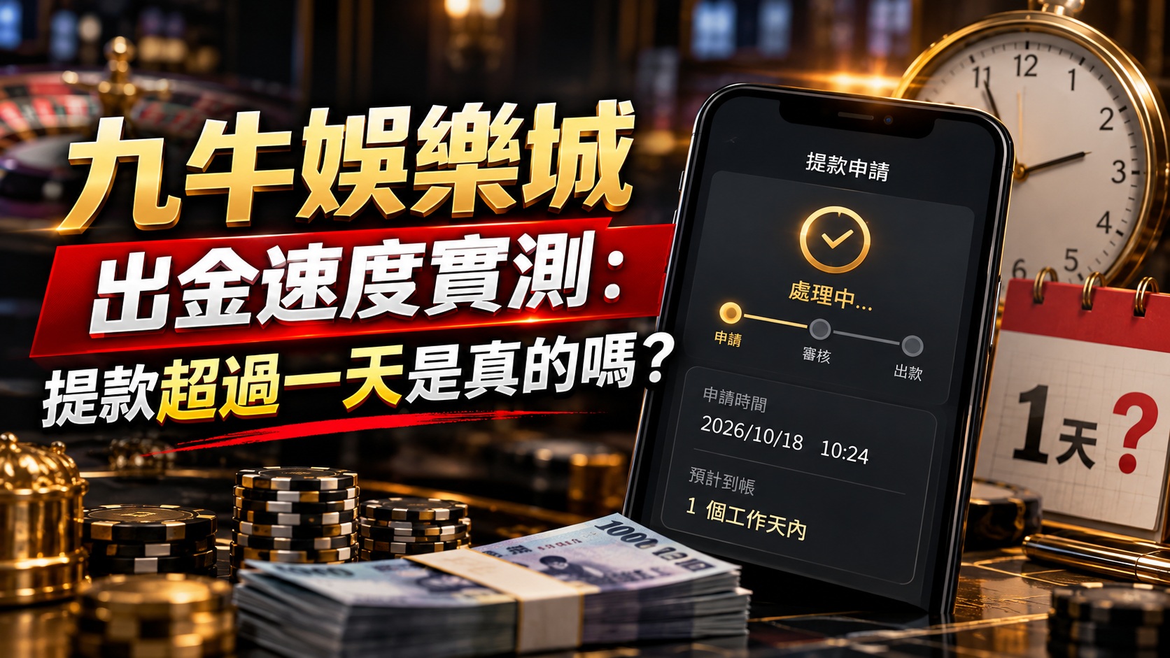 圖片以九牛娛樂城出金速度實測為主題,結合提款申請畫面、時鐘與現金元素,呈現玩家關注的提款效率問題。 透過提款處理進度與超過一天的時間疑問,探討娛樂城出金流程、審核時間及延遲到帳的可能原因。